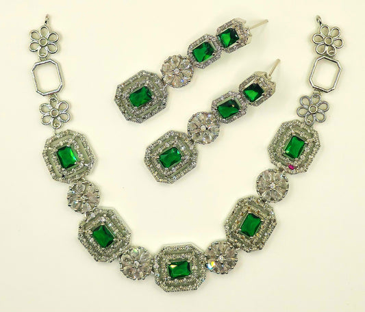 Elegant Red American Diamond Necklace and Earrings Set