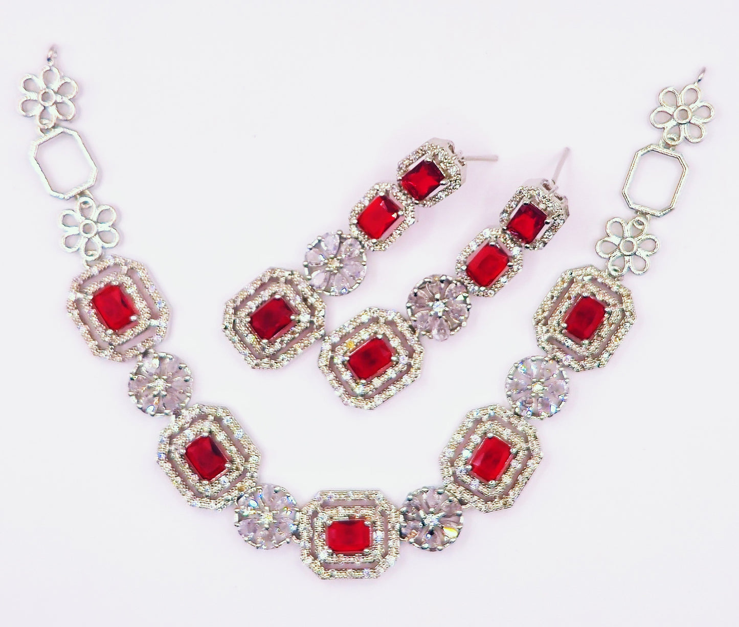 Elegant Red American Diamond Necklace and Earrings Set
