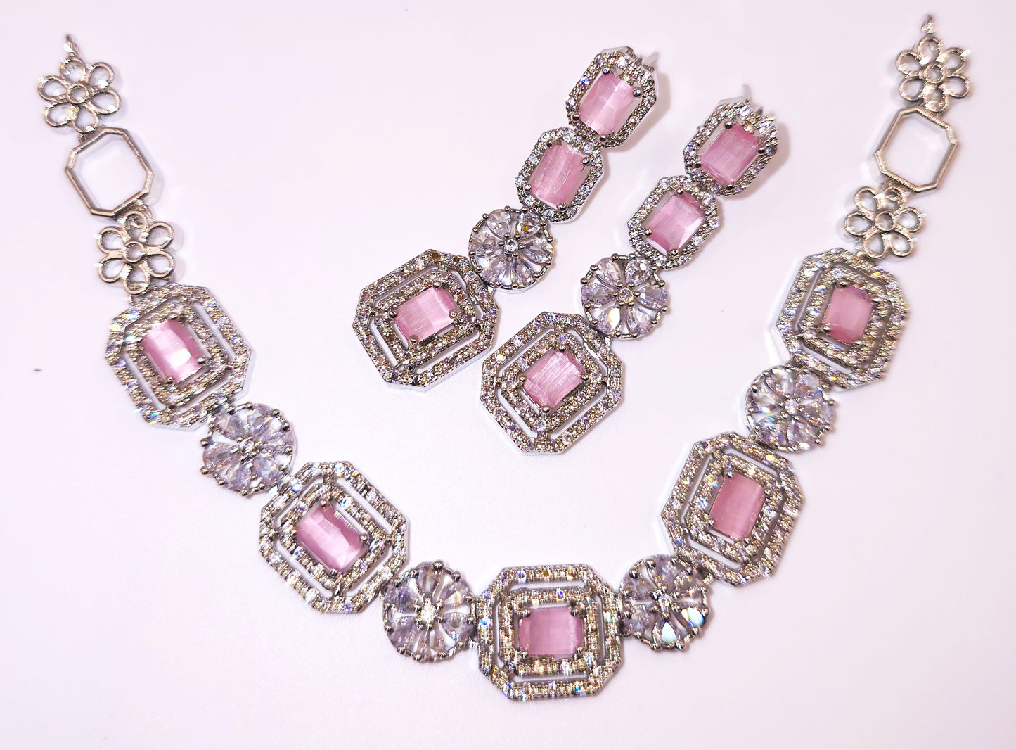 Elegant Red American Diamond Necklace and Earrings Set