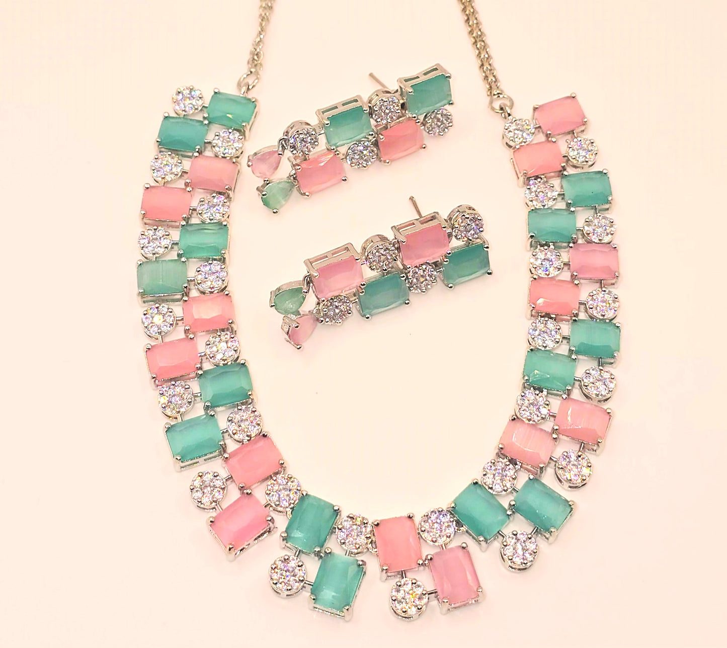 Elegant Pink and Green American Diamond Necklace and Earrings Set