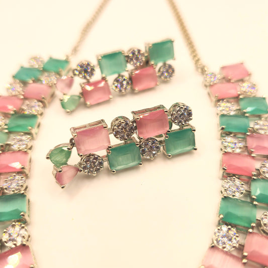 Elegant Pink and Green American Diamond Necklace and Earrings Set