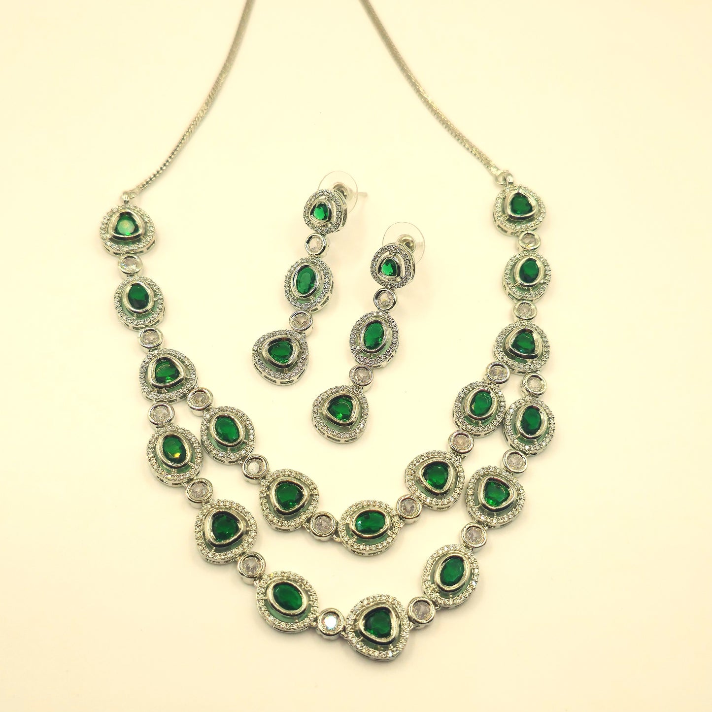 Elegant Green American Diamond Necklace and Earrings Set