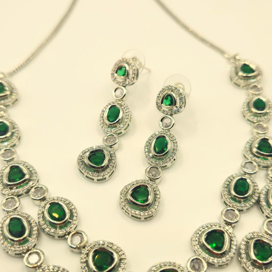 Elegant Green American Diamond Necklace and Earrings Set