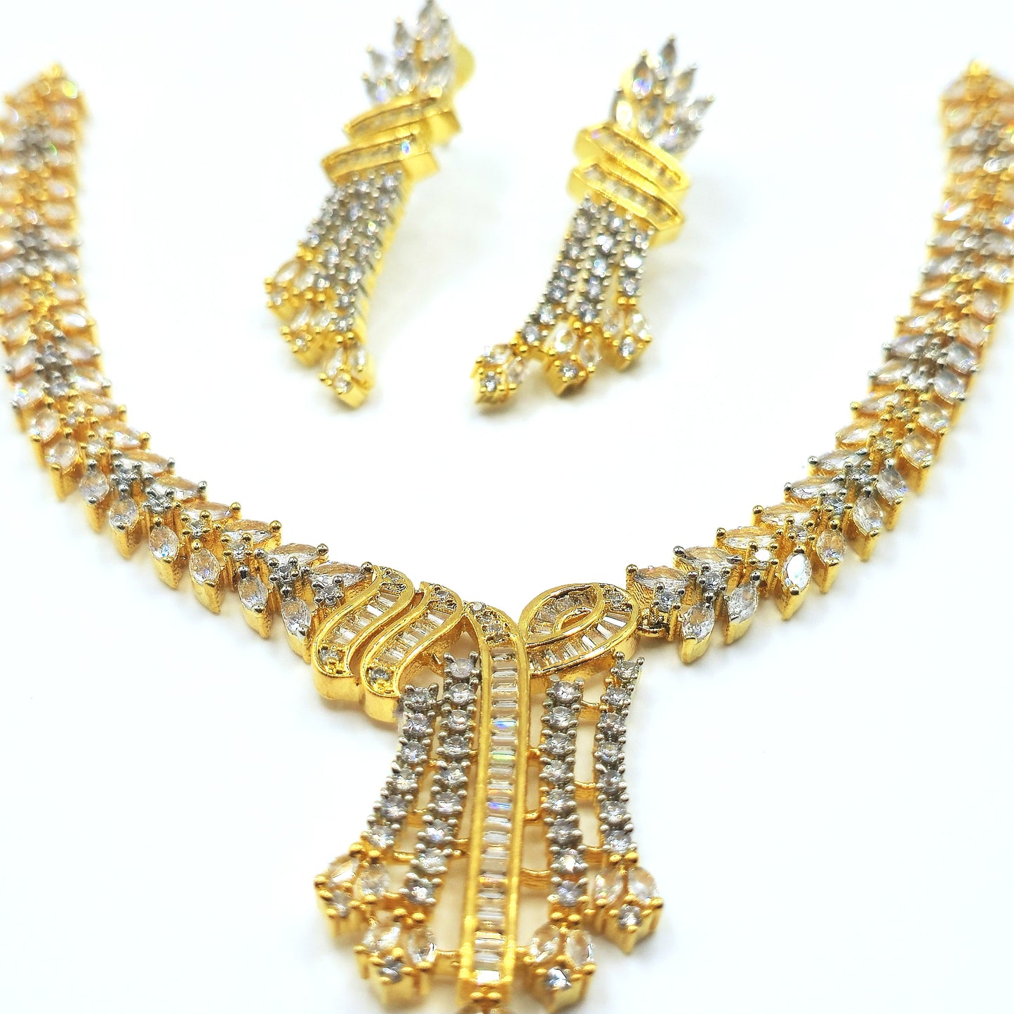 Stunning Gold American Diamond Necklace and Earrings Set