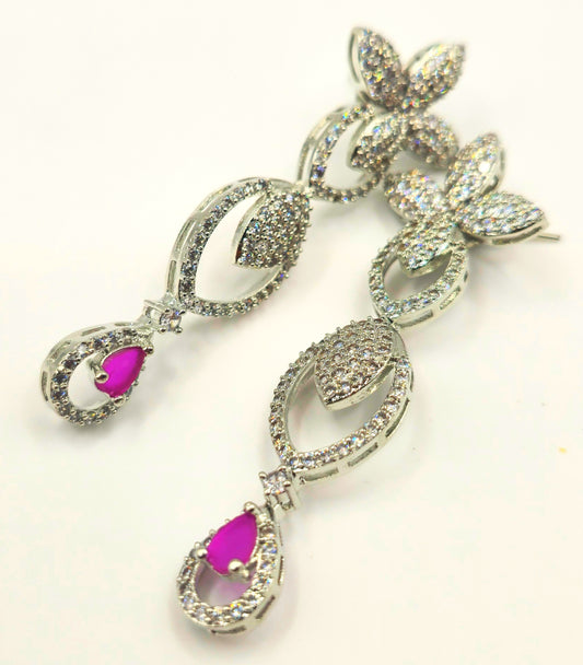 Elegant Silver and PinkAmerican Diamond Necklace and Earrings Set