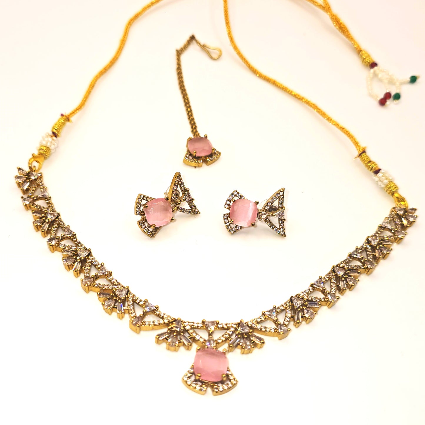 Elegant Gold Necklace and Earrings Set with Multi-Color American Diamonds