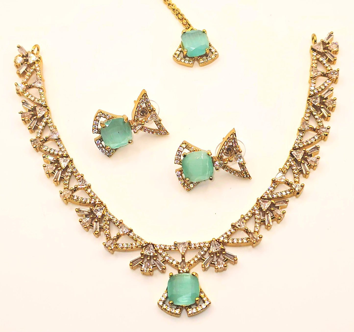Elegant Gold Necklace and Earrings Set with Multi-Color American Diamonds