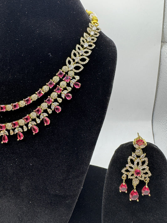 Ruby Pink American Diamond Necklace Set