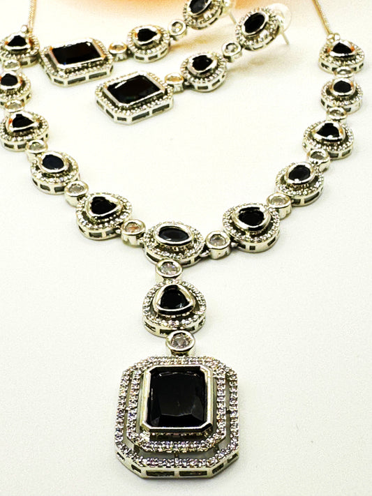 Black Stone American Diamond Necklace Set – Classic Evening Elegance