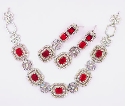 Elegant Red American Diamond Necklace and Earrings Set
