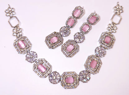 Elegant Red American Diamond Necklace and Earrings Set