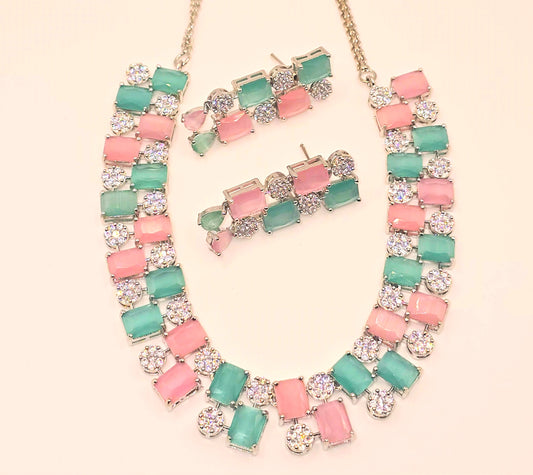 Elegant Pink and Green American Diamond Necklace and Earrings Set