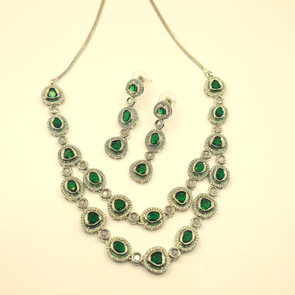 Elegant Green American Diamond Necklace and Earrings Set