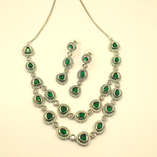 Elegant Green American Diamond Necklace and Earrings Set