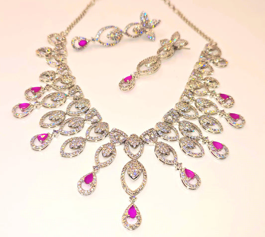 Elegant Silver and PinkAmerican Diamond Necklace and Earrings Set
