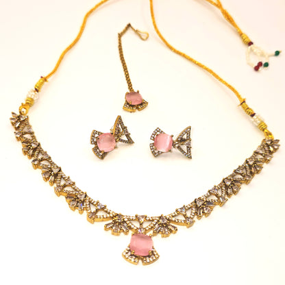 Elegant Gold Necklace and Earrings Set with Multi-Color American Diamonds