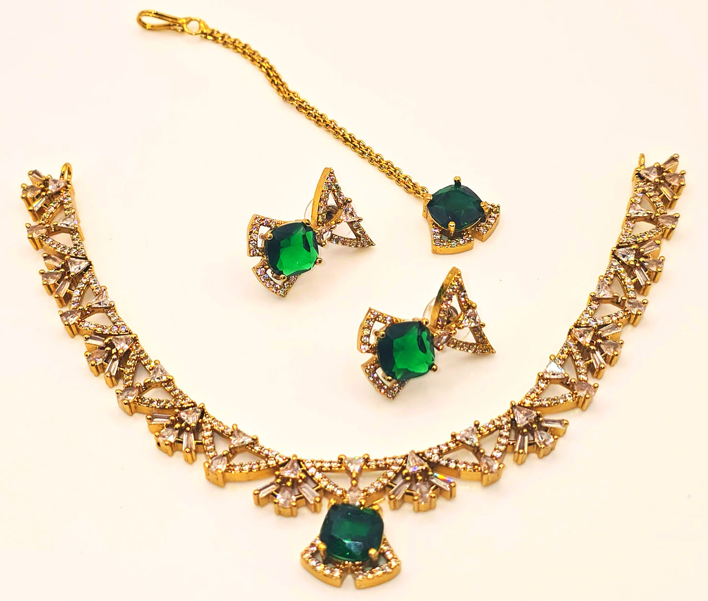 Elegant Gold Necklace and Earrings Set with Multi-Color American Diamonds