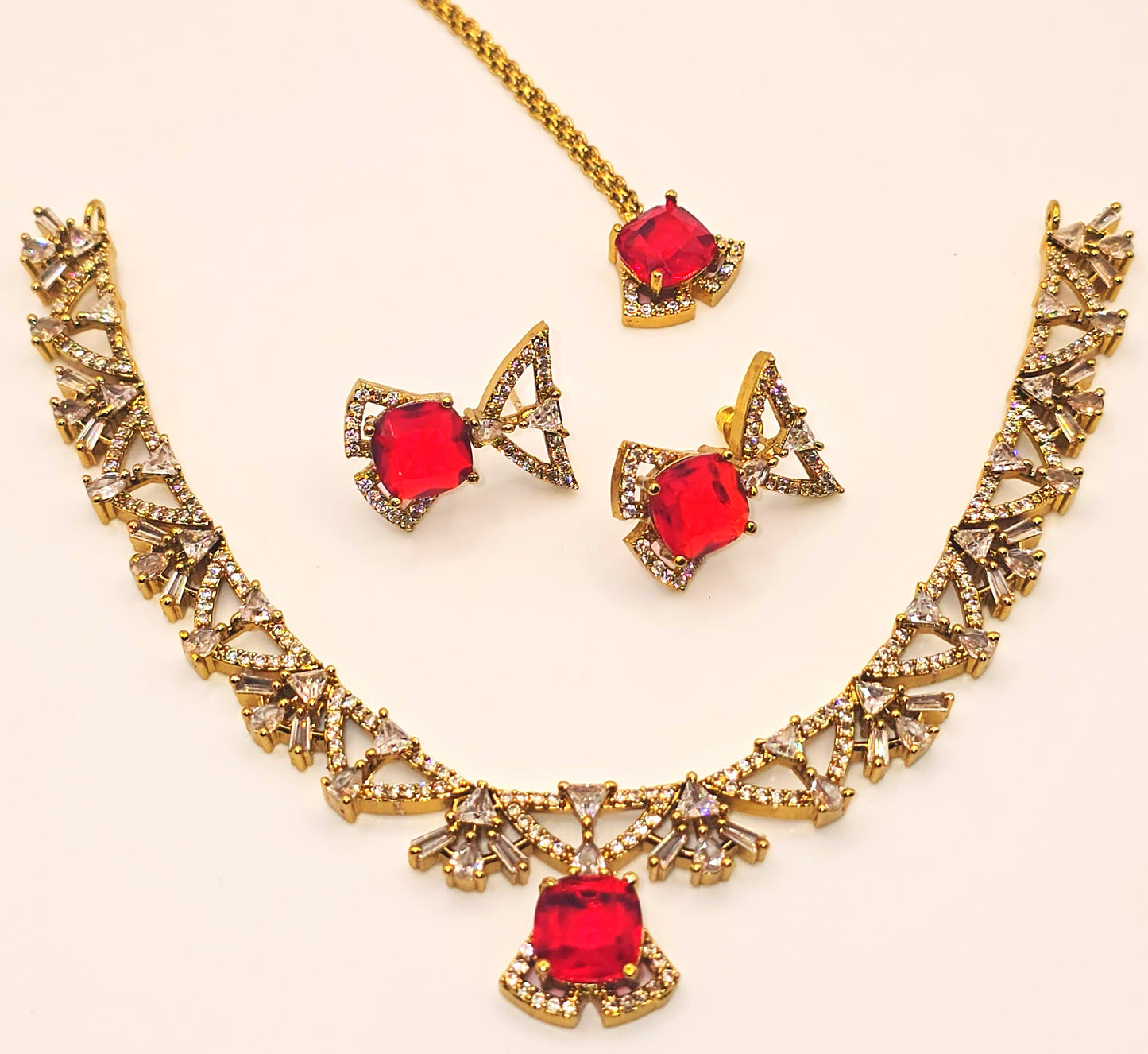 Elegant Gold Necklace and Earrings Set with Multi-Color American Diamonds