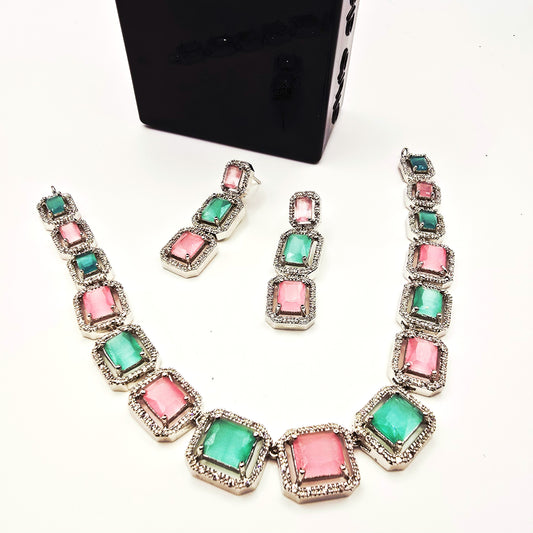 💖 Elegant Pastel Pink & Mint Green Stone Necklace Set
