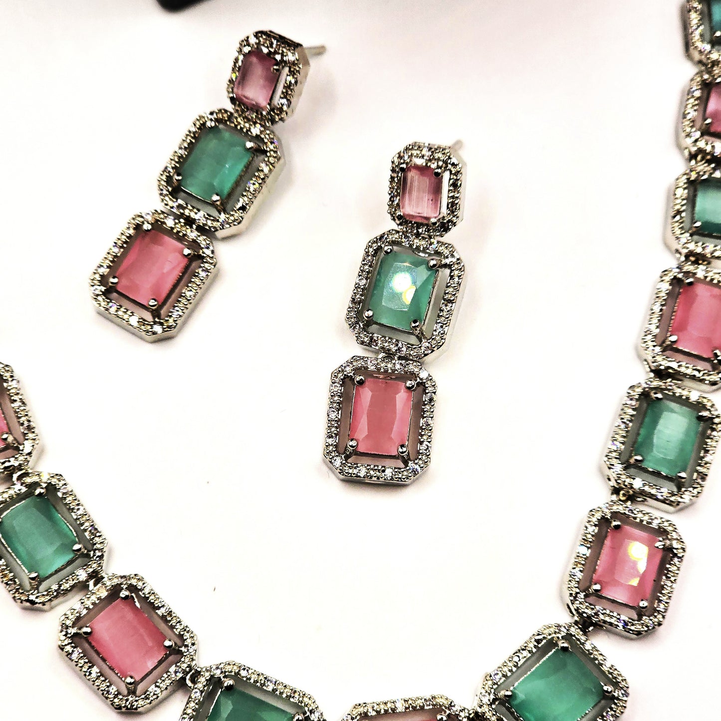 💖 Elegant Pastel Pink & Mint Green Stone Necklace Set