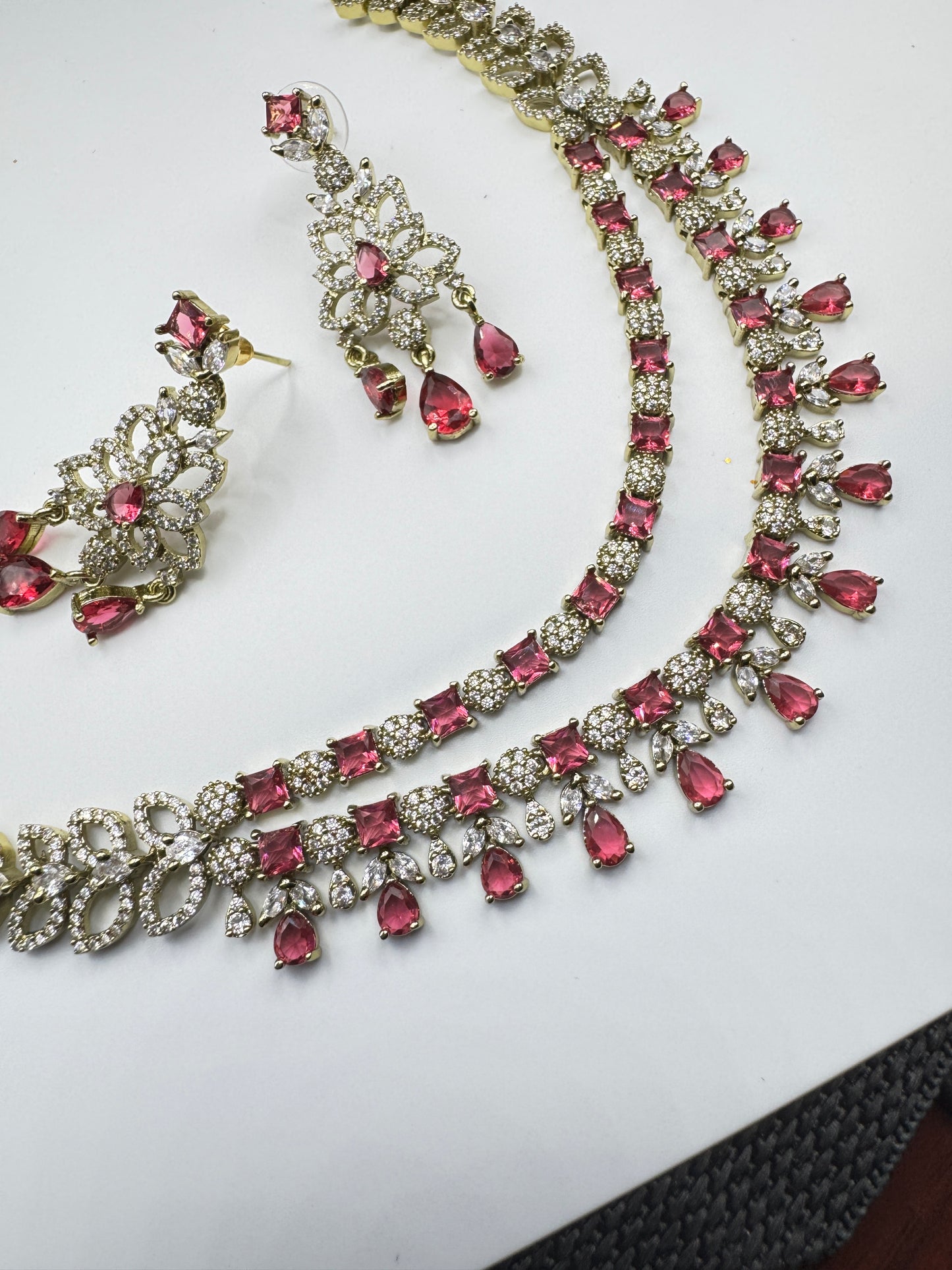 Ruby Pink American Diamond Necklace Set