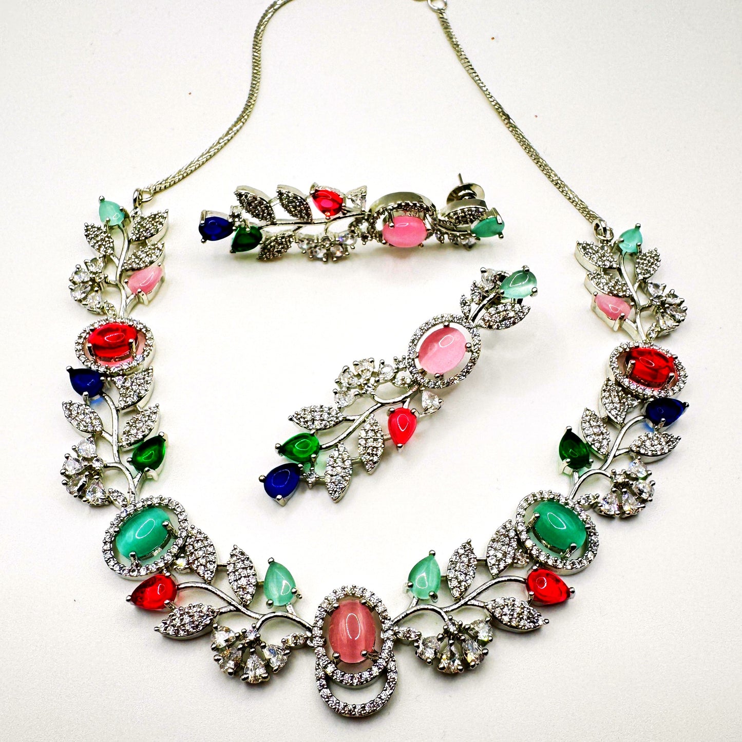 Elegant Multicolor Floral American Diamond Necklace Set – Necklace & Earrings