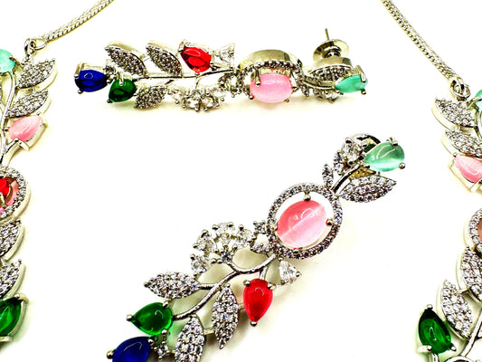 Elegant Multicolor Floral American Diamond Necklace Set – Necklace & Earrings