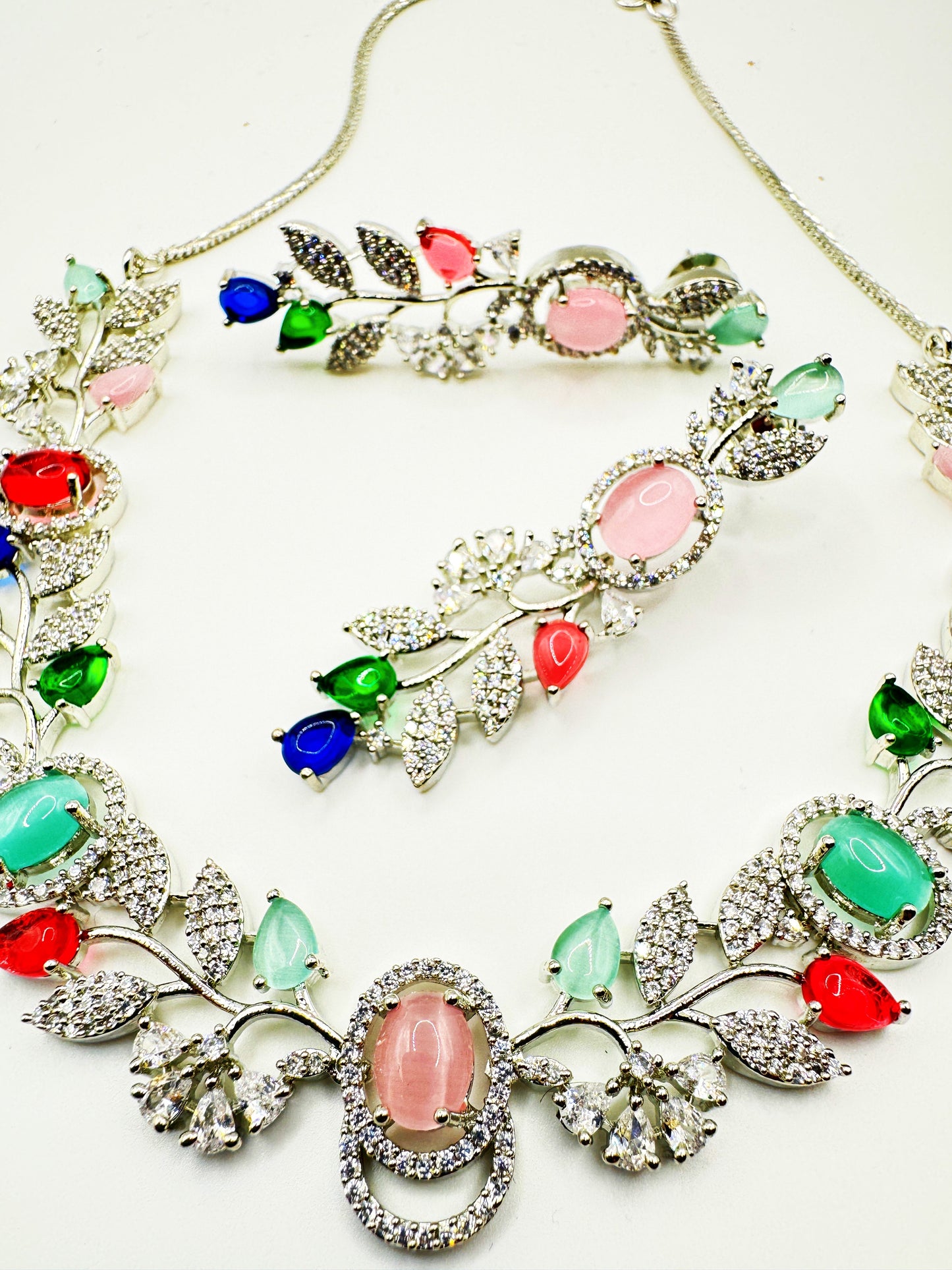 Elegant Multicolor Floral American Diamond Necklace Set – Necklace & Earrings