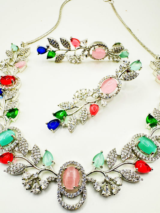 Elegant Multicolor Floral American Diamond Necklace Set – Necklace & Earrings