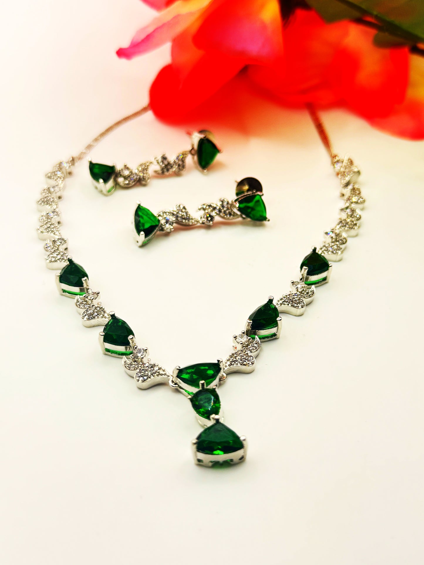 Emerald Green Heart-Shaped American Diamond Necklace Set – Necklace & Earrings