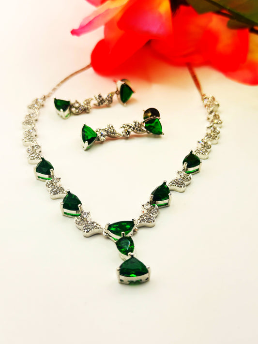 Emerald Green Heart-Shaped American Diamond Necklace Set – Necklace & Earrings