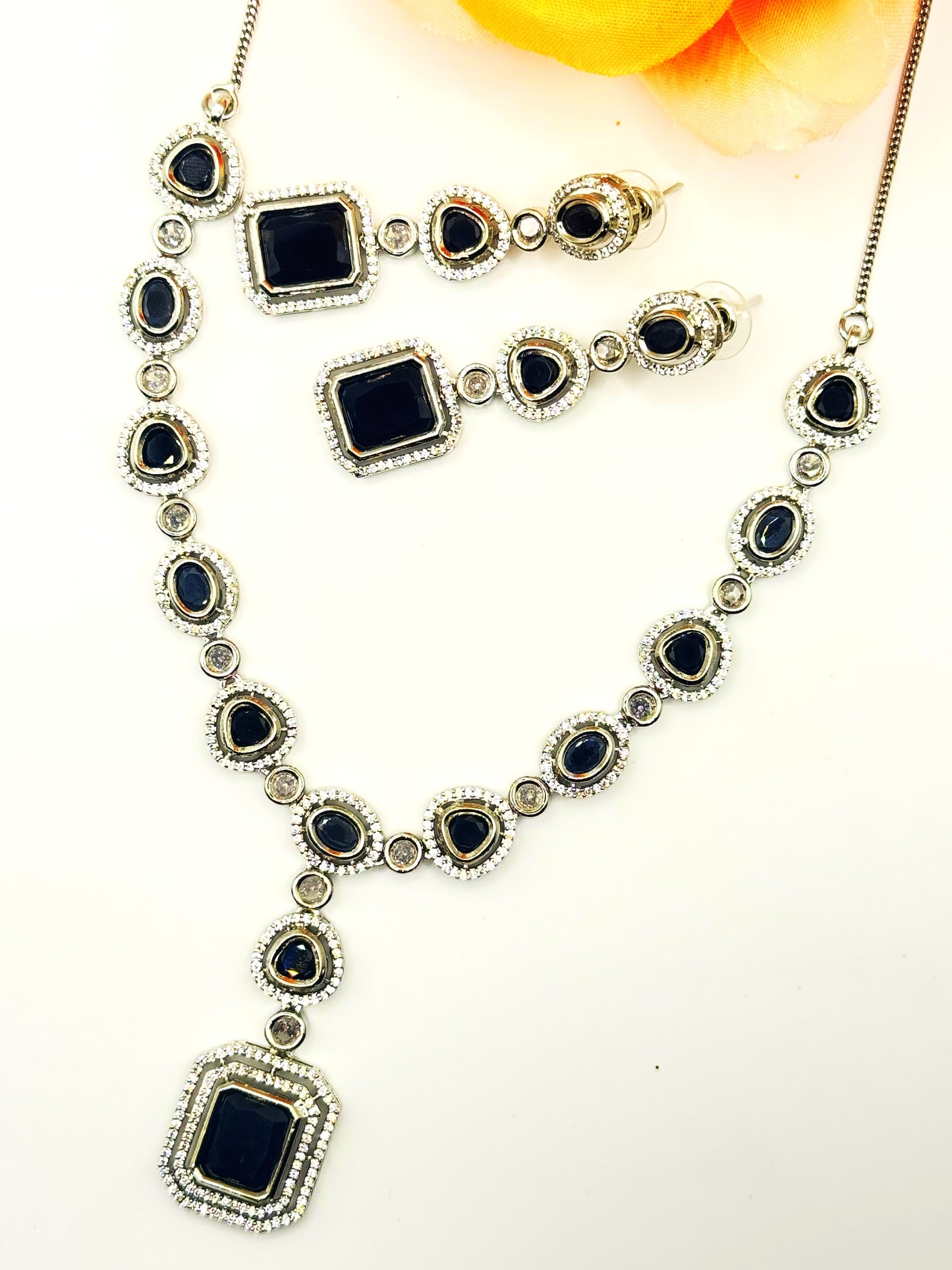 Black Stone American Diamond Necklace Set – Classic Evening Elegance