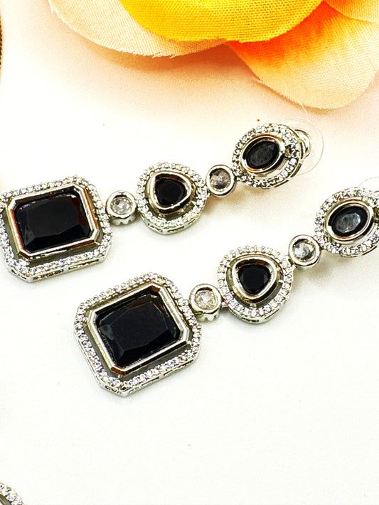 Black Stone American Diamond Necklace Set – Classic Evening Elegance